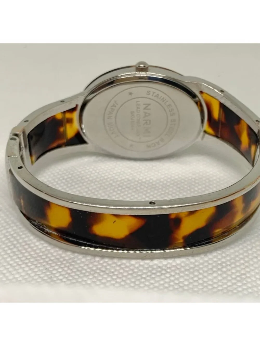 Narmi silver tone Tortoise shell cuff bracelet watch mop dial 28mm 6.5” running